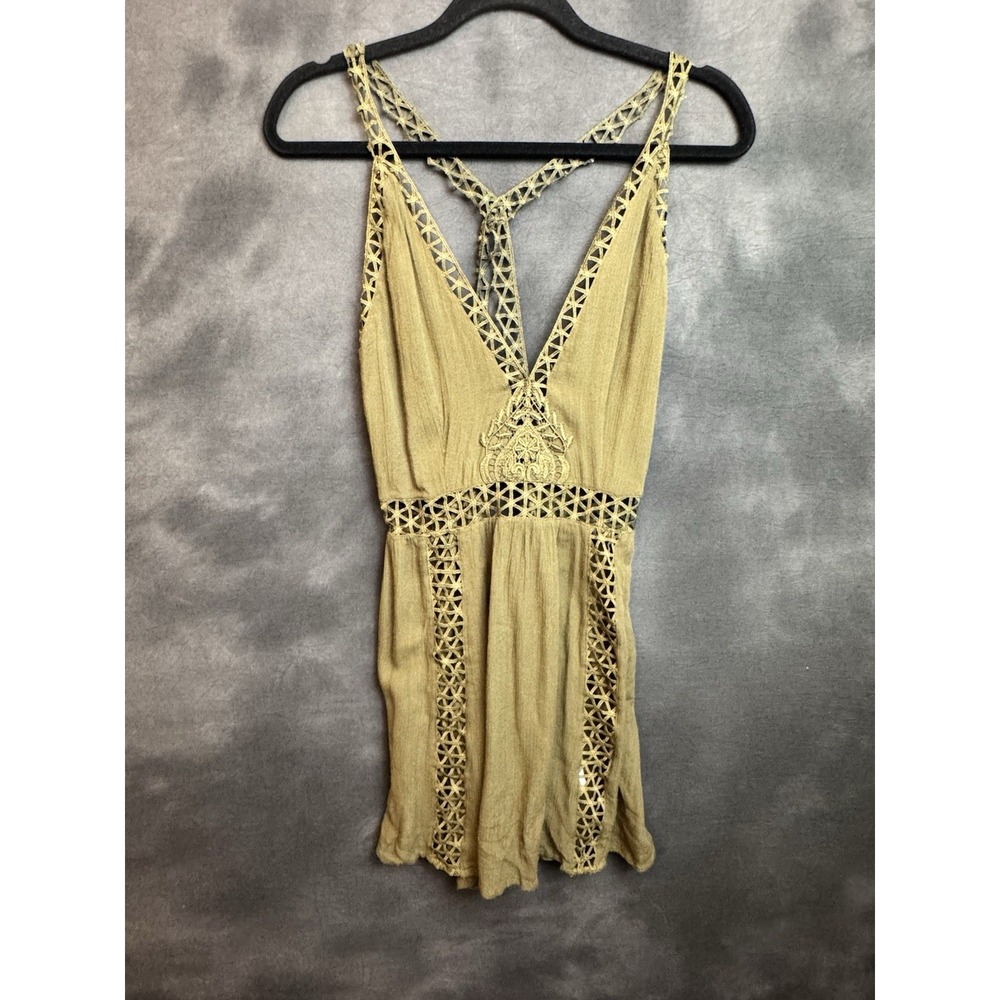 Topshop Forest Green Cut Out Lace Mini Dress Size 4 Boho Crochet Strappy Short